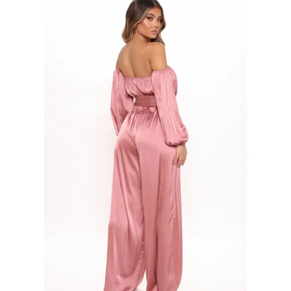 Fashion Nova Stay Fabulous Mauve Satin Off‑Shoulder Belted Wide‑Leg Jumpsuit S - Picture 3 of 5